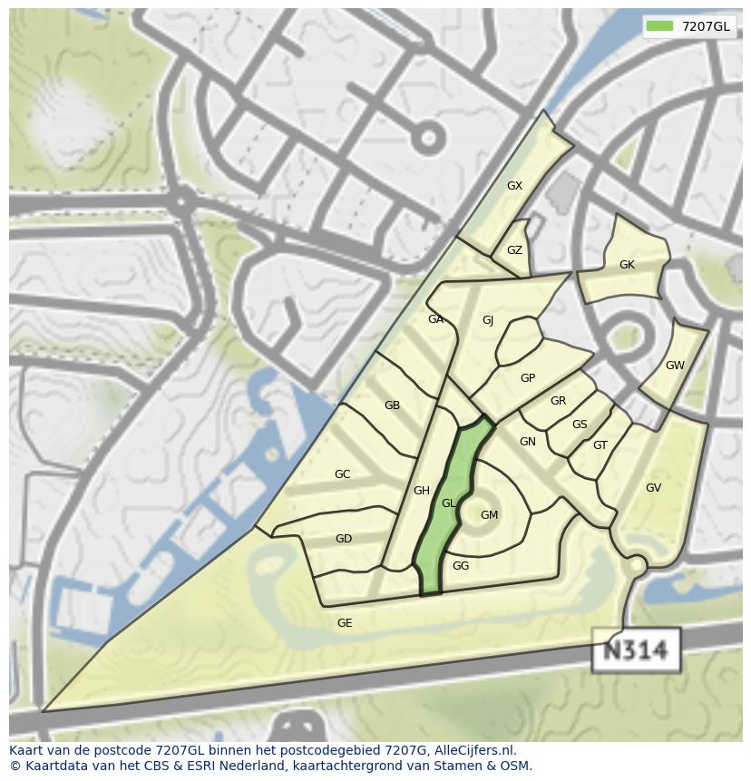 Afbeelding van het postcodegebied 7207 GL op de kaart.