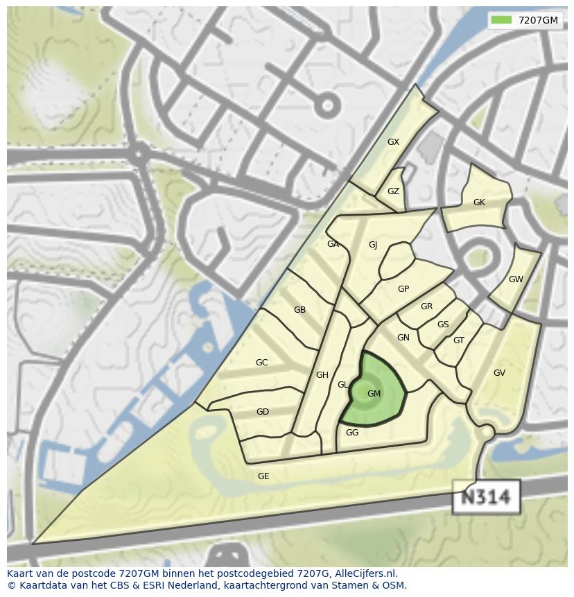Afbeelding van het postcodegebied 7207 GM op de kaart.