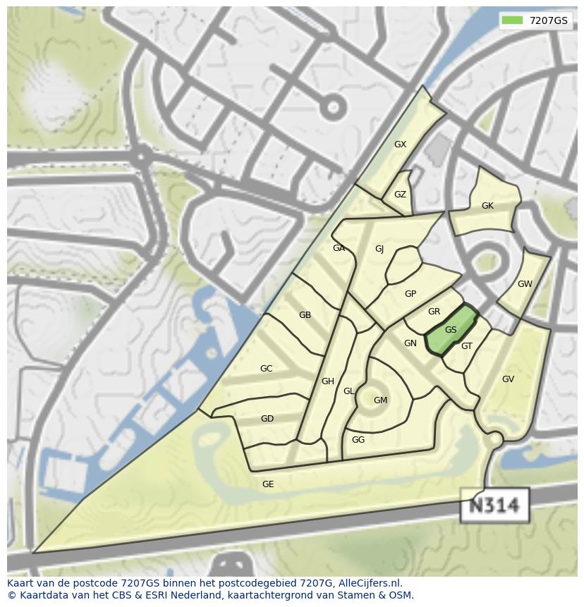 Afbeelding van het postcodegebied 7207 GS op de kaart.
