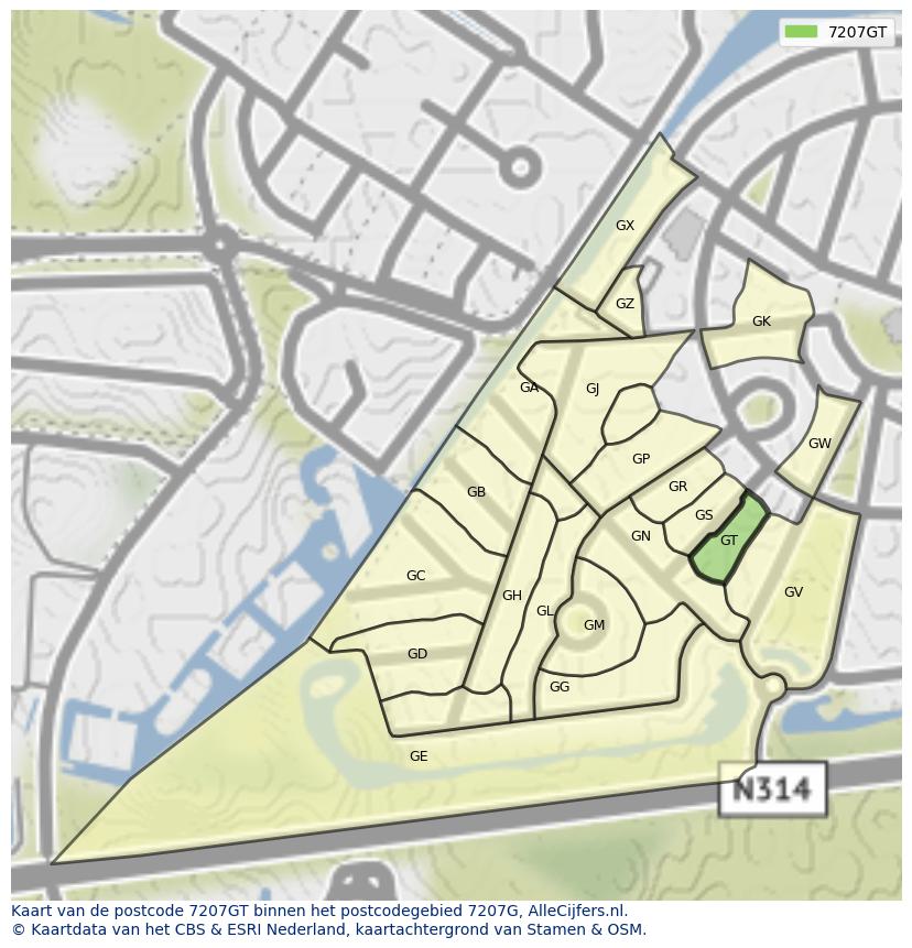 Afbeelding van het postcodegebied 7207 GT op de kaart.