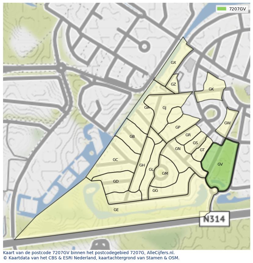 Afbeelding van het postcodegebied 7207 GV op de kaart.