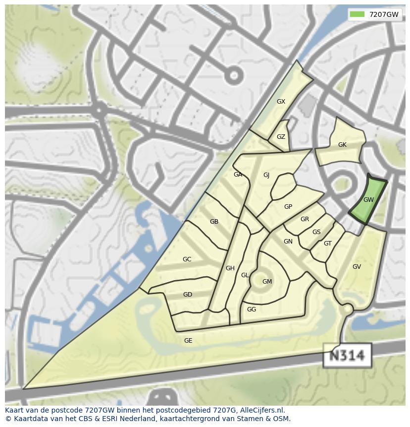 Afbeelding van het postcodegebied 7207 GW op de kaart.