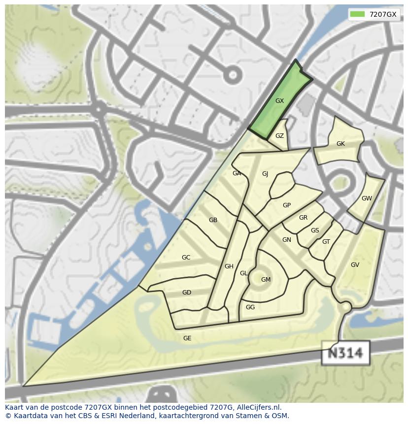 Afbeelding van het postcodegebied 7207 GX op de kaart.