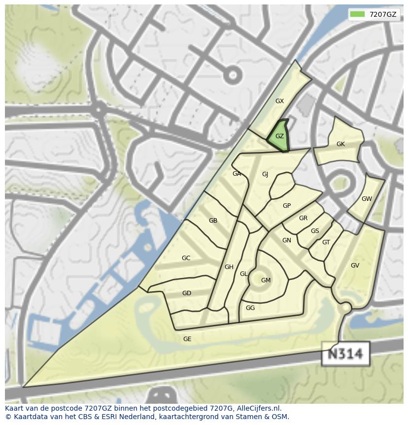 Afbeelding van het postcodegebied 7207 GZ op de kaart.