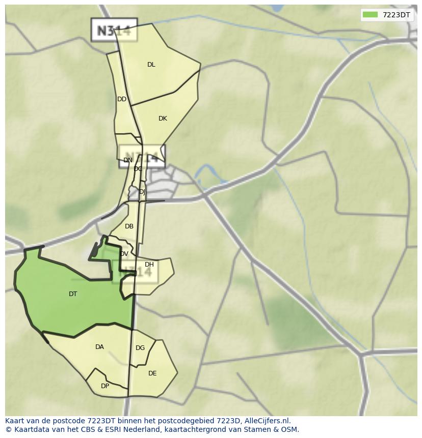 Afbeelding van het postcodegebied 7223 DT op de kaart.