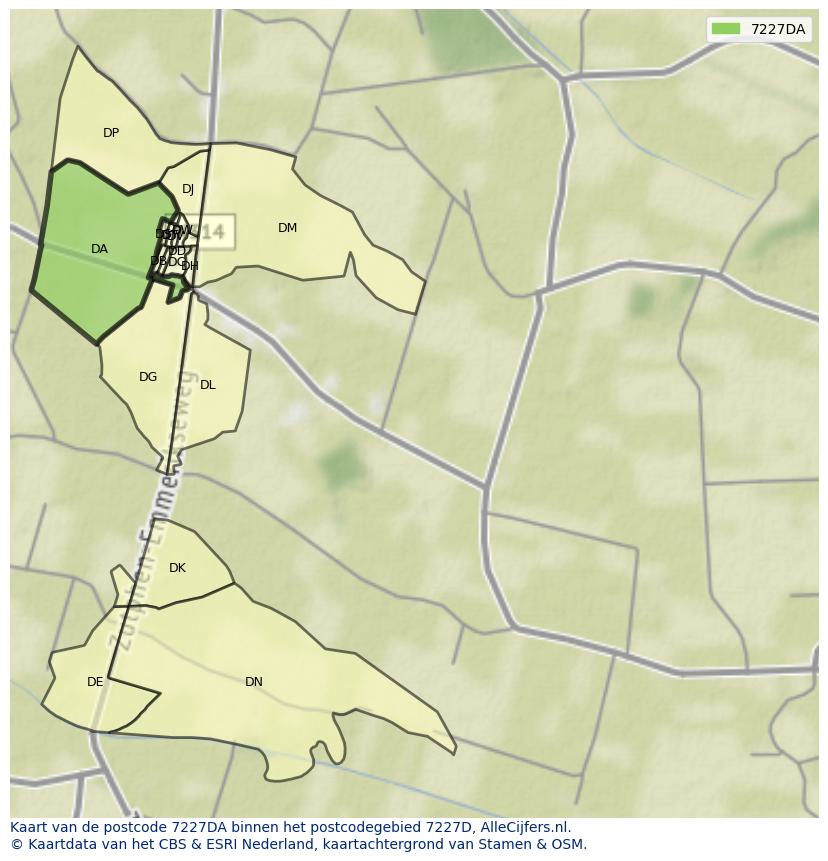 Afbeelding van het postcodegebied 7227 DA op de kaart.