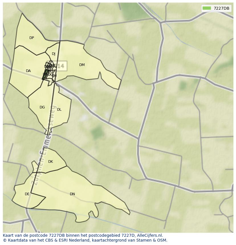 Afbeelding van het postcodegebied 7227 DB op de kaart.