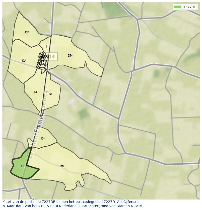 Afbeelding van het postcodegebied 7227 DE op de kaart.