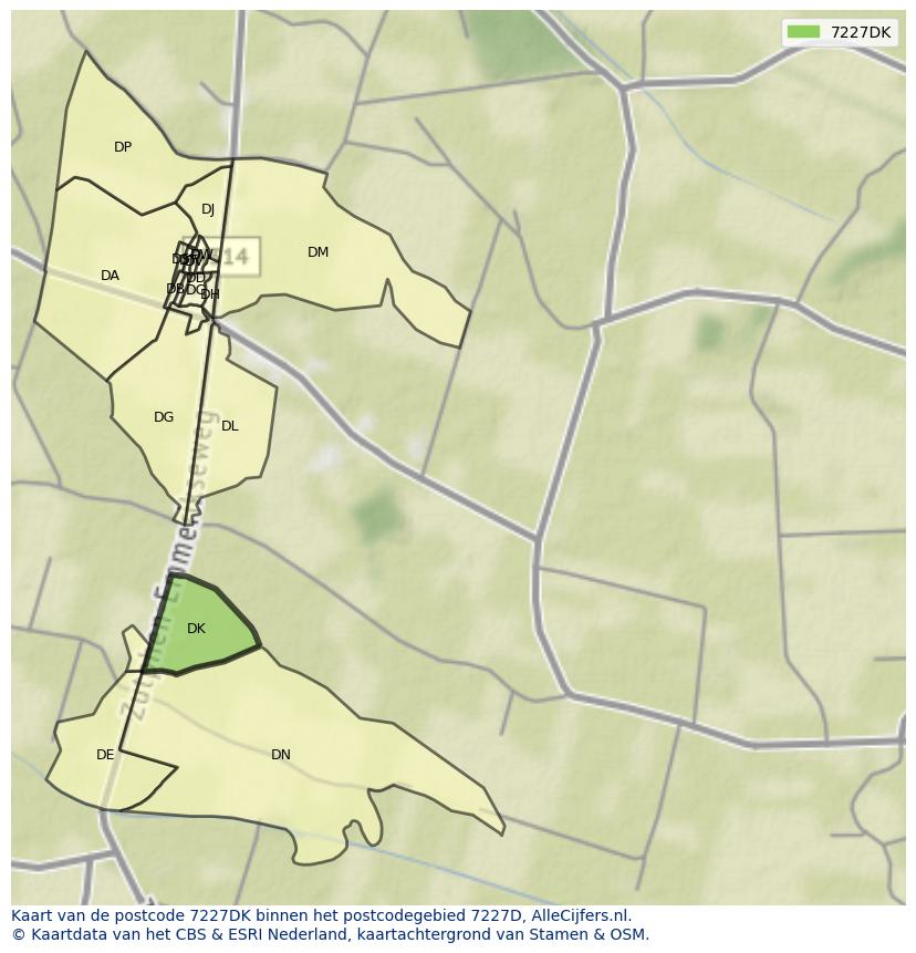 Afbeelding van het postcodegebied 7227 DK op de kaart.