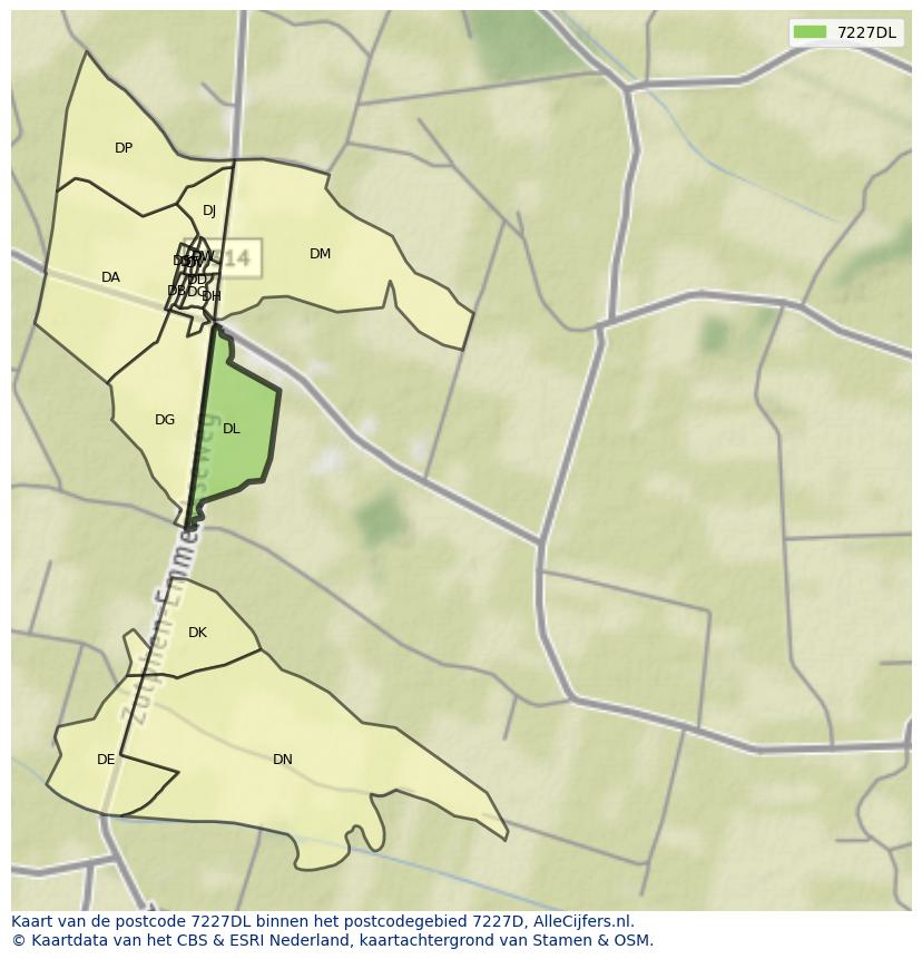 Afbeelding van het postcodegebied 7227 DL op de kaart.