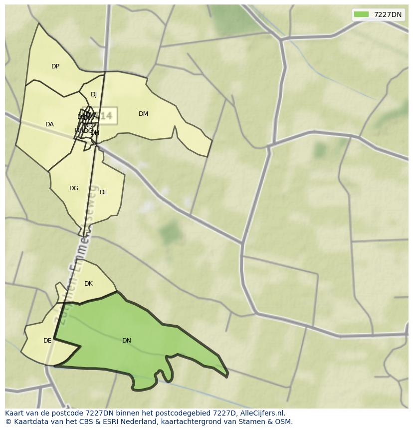 Afbeelding van het postcodegebied 7227 DN op de kaart.