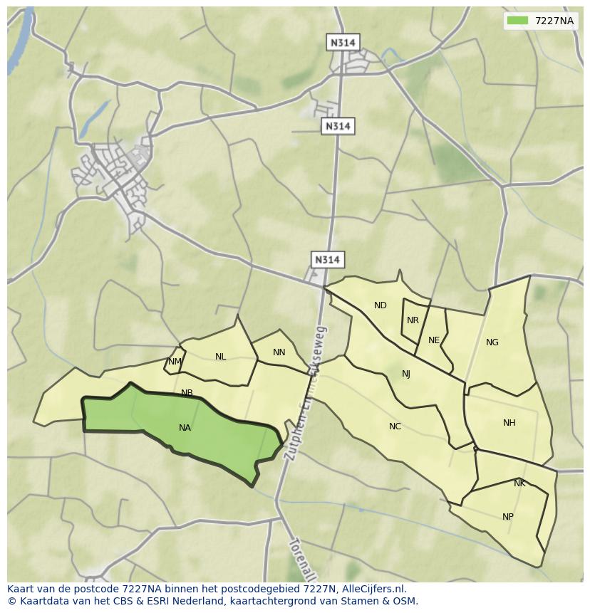 Afbeelding van het postcodegebied 7227 NA op de kaart.