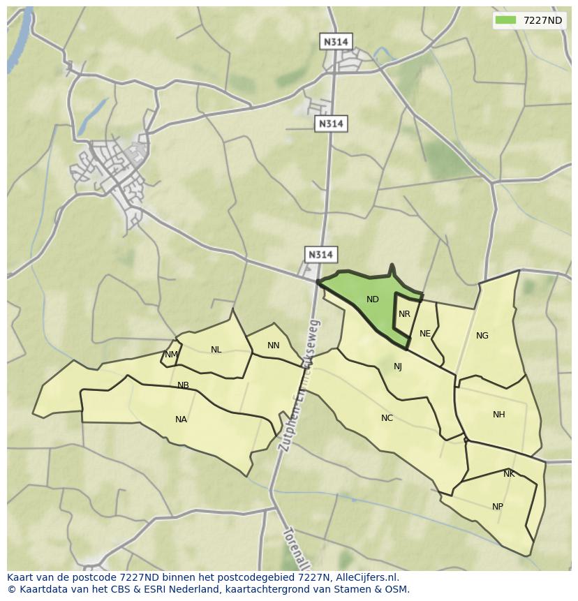 Afbeelding van het postcodegebied 7227 ND op de kaart.