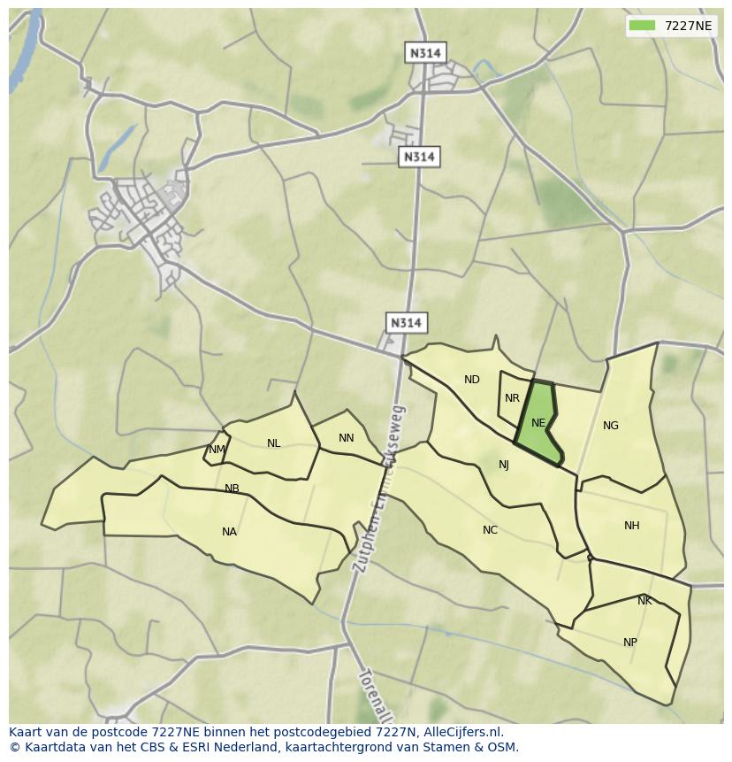 Afbeelding van het postcodegebied 7227 NE op de kaart.