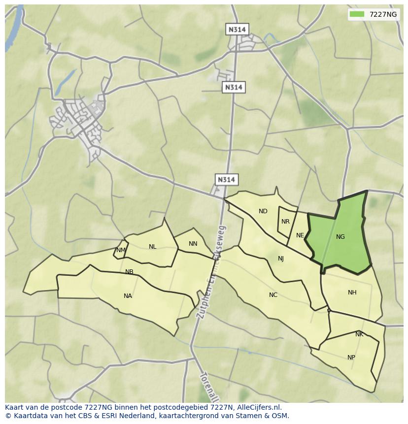 Afbeelding van het postcodegebied 7227 NG op de kaart.
