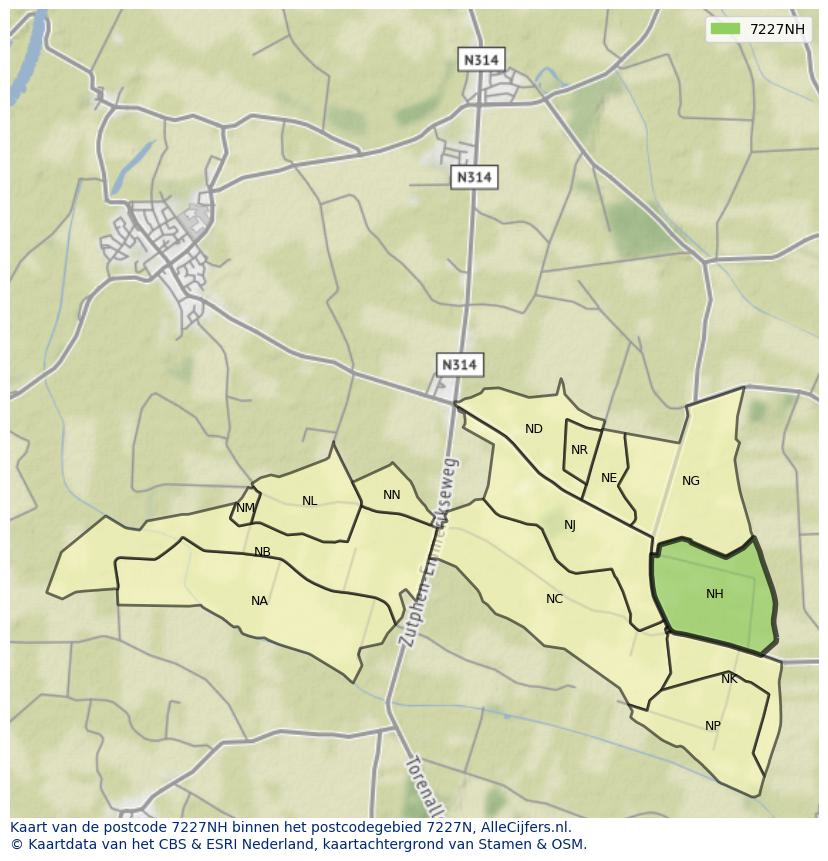 Afbeelding van het postcodegebied 7227 NH op de kaart.