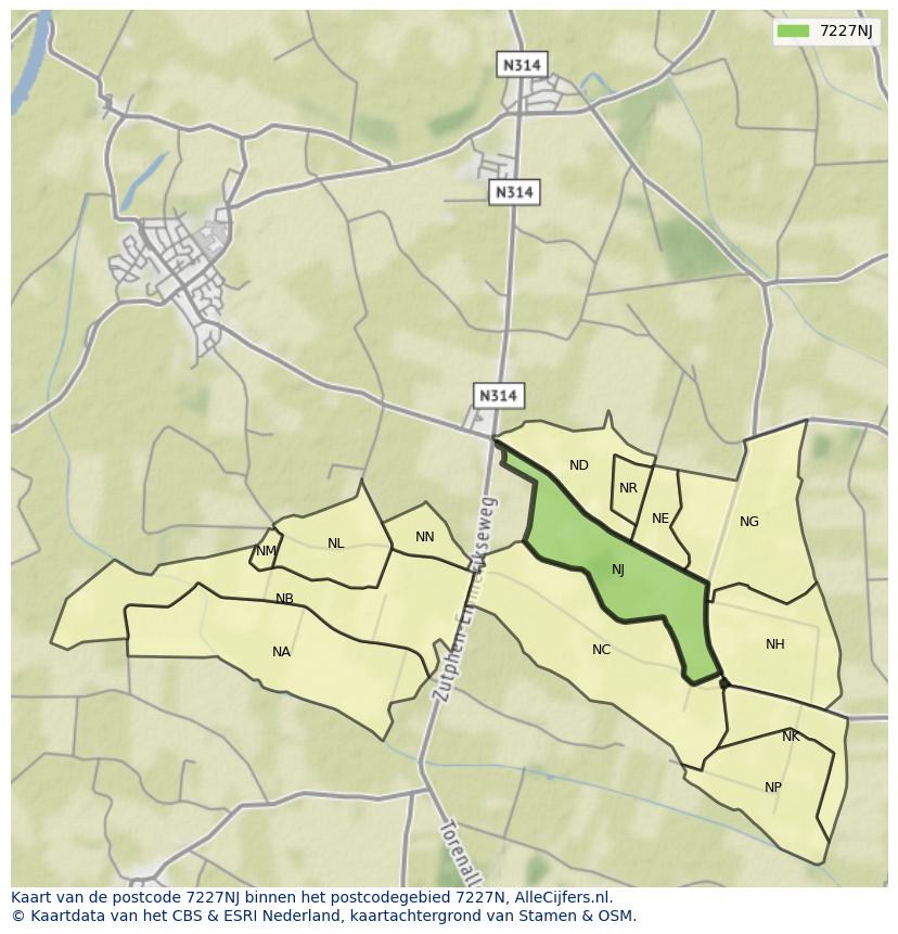 Afbeelding van het postcodegebied 7227 NJ op de kaart.