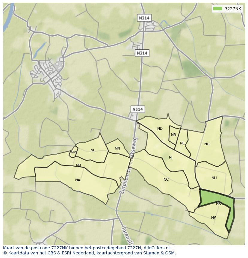 Afbeelding van het postcodegebied 7227 NK op de kaart.