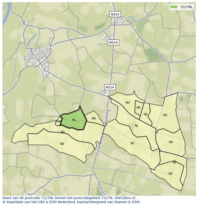 Afbeelding van het postcodegebied 7227 NL op de kaart.