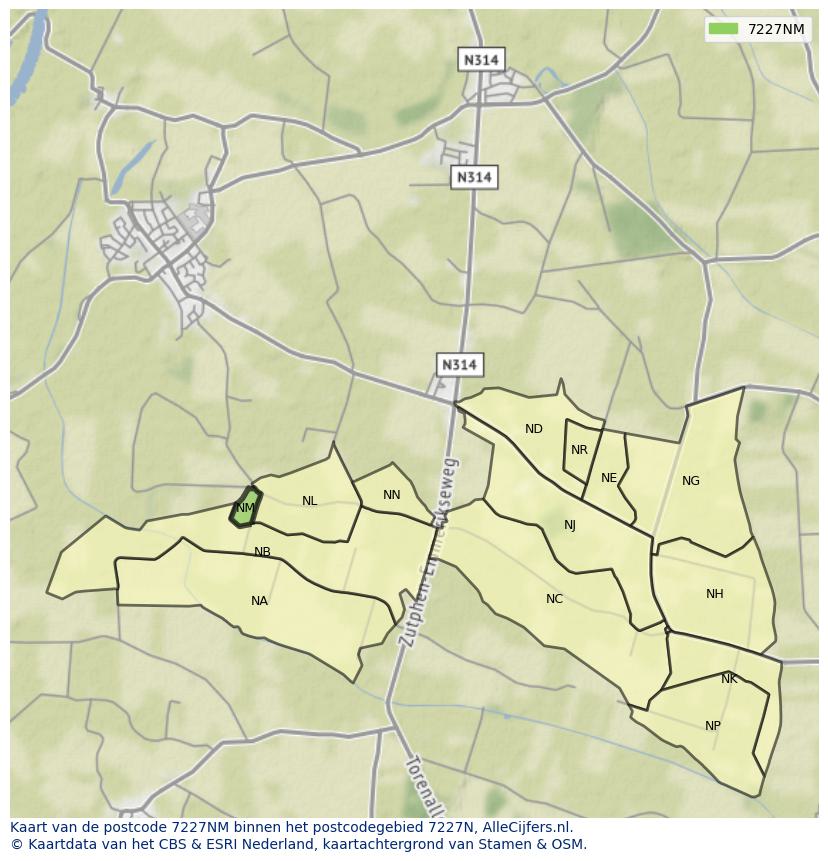 Afbeelding van het postcodegebied 7227 NM op de kaart.