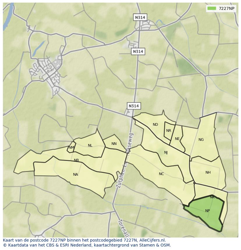 Afbeelding van het postcodegebied 7227 NP op de kaart.