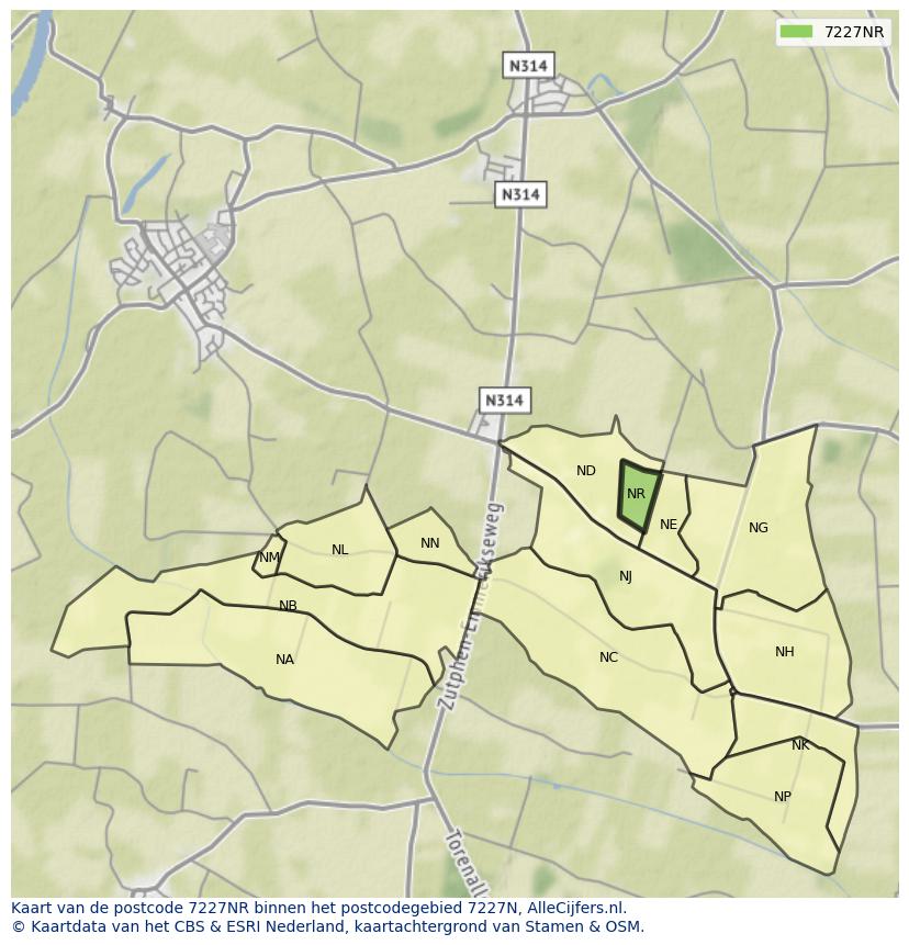 Afbeelding van het postcodegebied 7227 NR op de kaart.