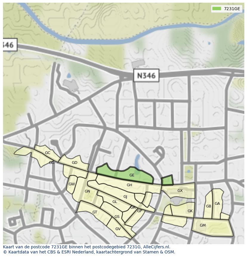 Afbeelding van het postcodegebied 7231 GE op de kaart.
