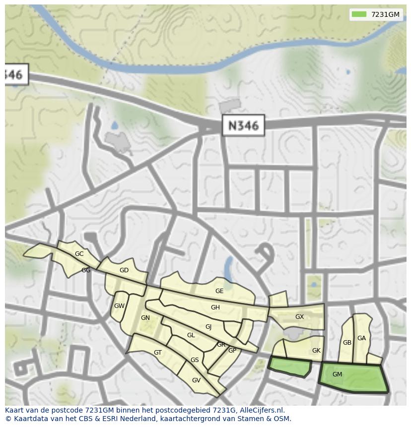 Afbeelding van het postcodegebied 7231 GM op de kaart.