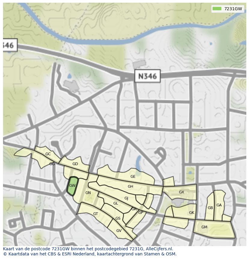 Afbeelding van het postcodegebied 7231 GW op de kaart.