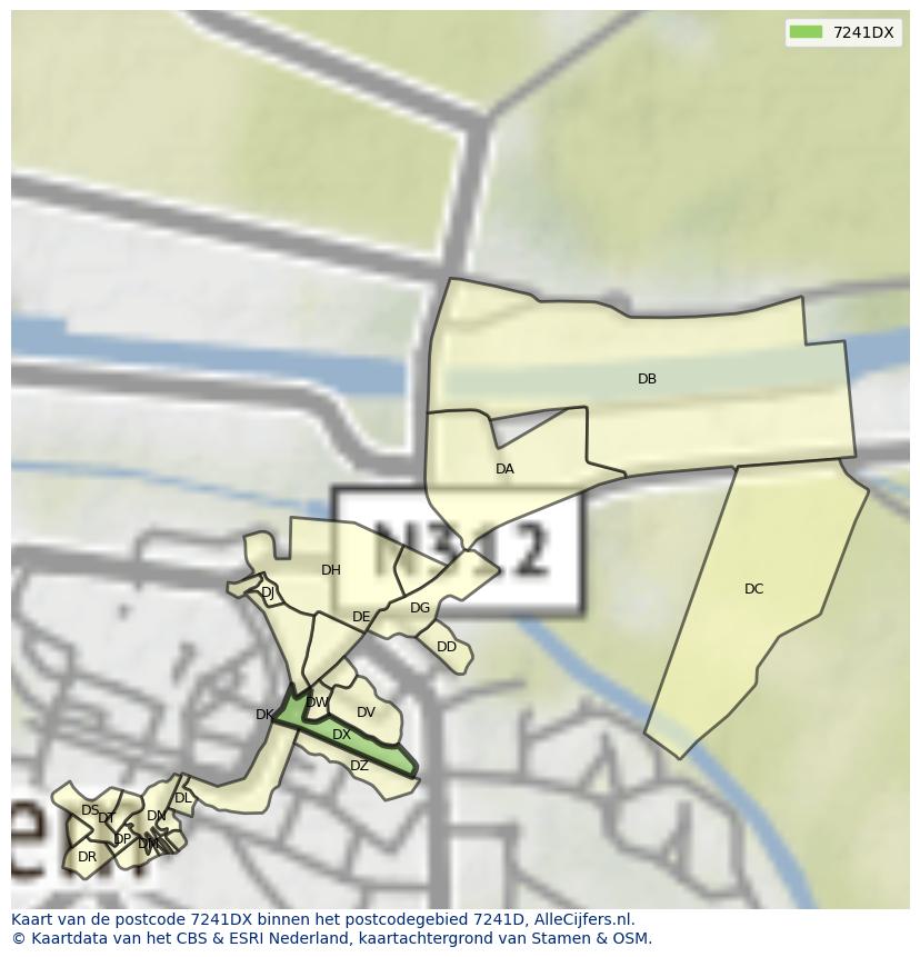 Afbeelding van het postcodegebied 7241 DX op de kaart.