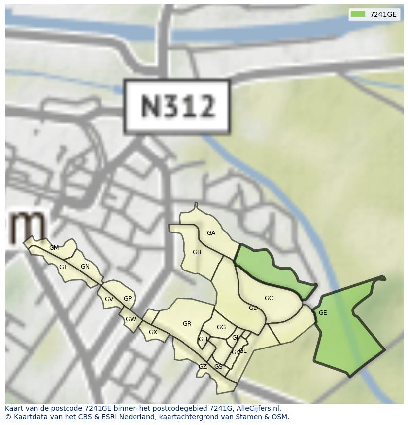 Afbeelding van het postcodegebied 7241 GE op de kaart.