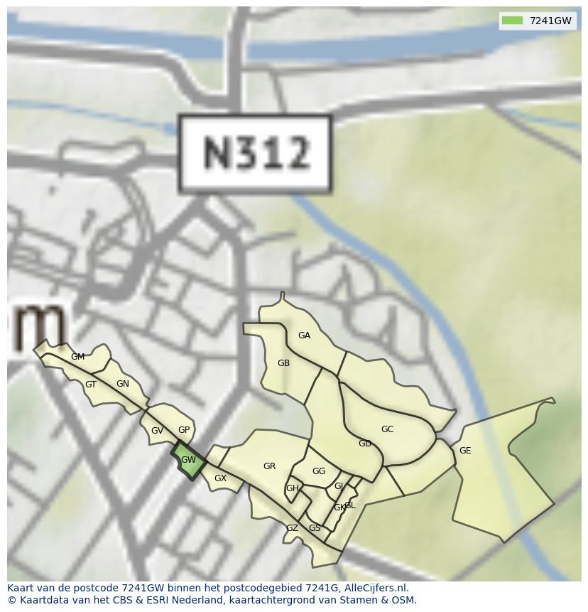 Afbeelding van het postcodegebied 7241 GW op de kaart.