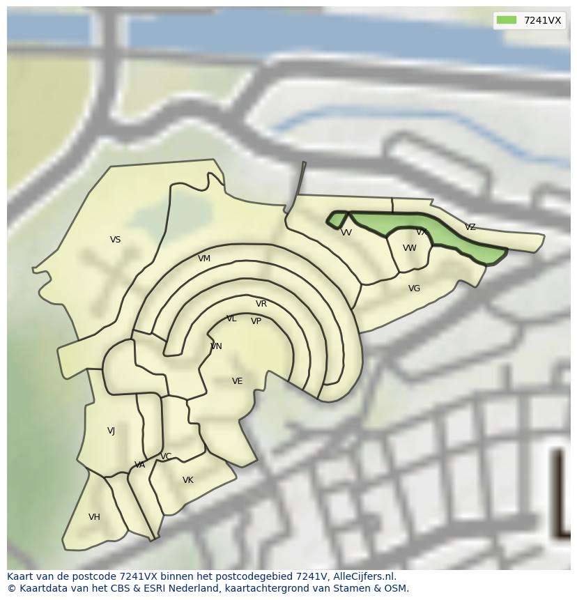 Afbeelding van het postcodegebied 7241 VX op de kaart.