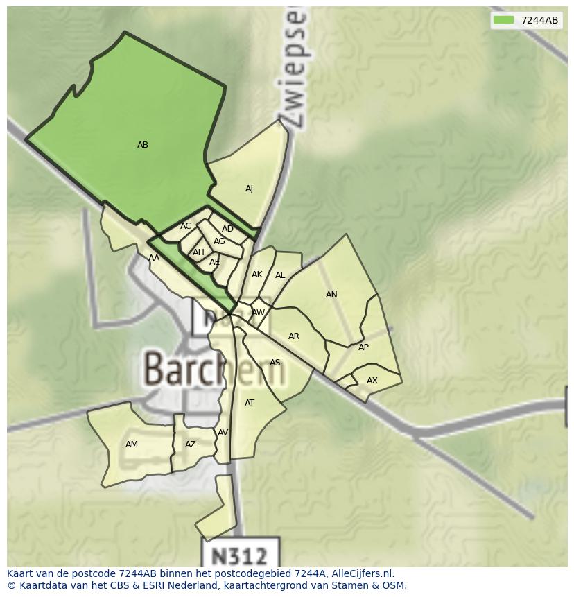 Afbeelding van het postcodegebied 7244 AB op de kaart.