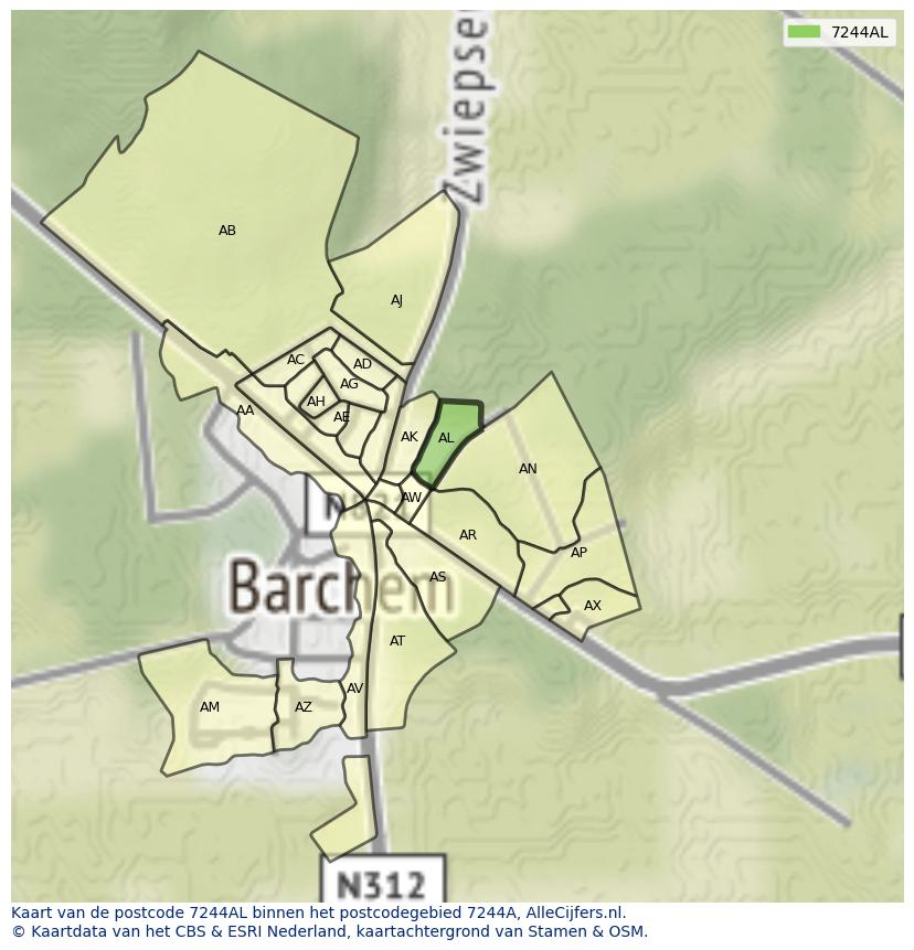 Afbeelding van het postcodegebied 7244 AL op de kaart.