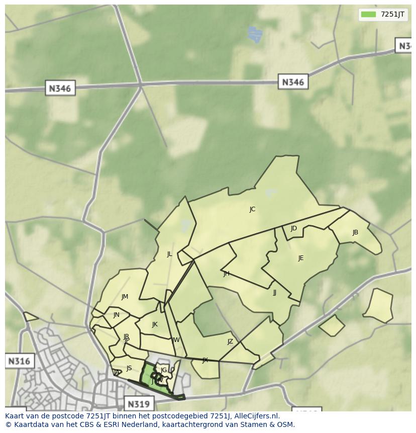 Afbeelding van het postcodegebied 7251 JT op de kaart.