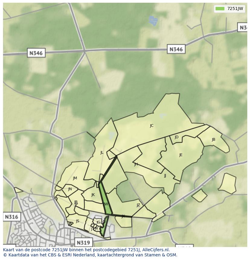 Afbeelding van het postcodegebied 7251 JW op de kaart.