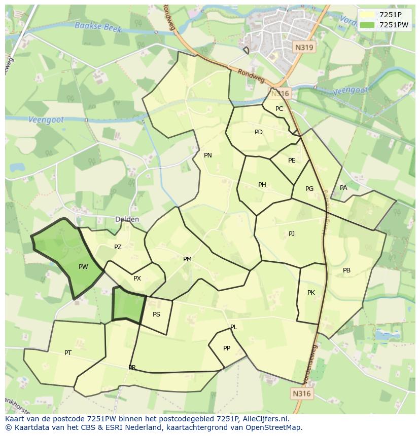 Afbeelding van het postcodegebied 7251 PW op de kaart.