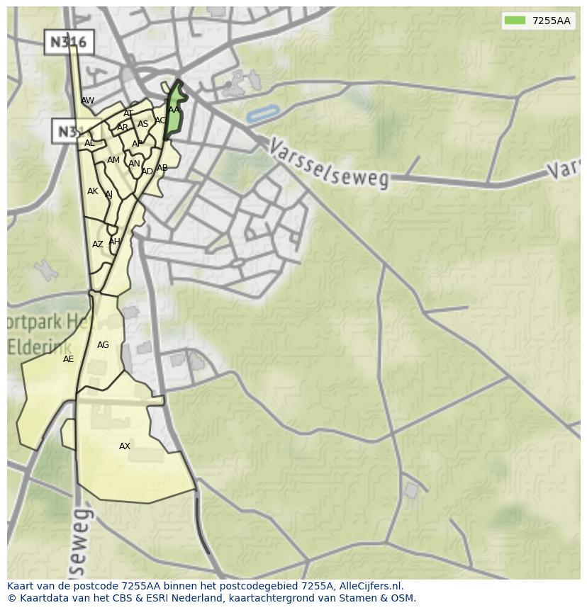 Afbeelding van het postcodegebied 7255 AA op de kaart.