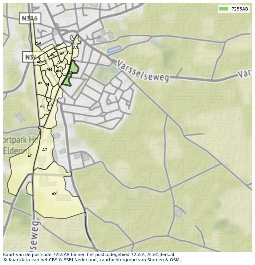 Afbeelding van het postcodegebied 7255 AB op de kaart.