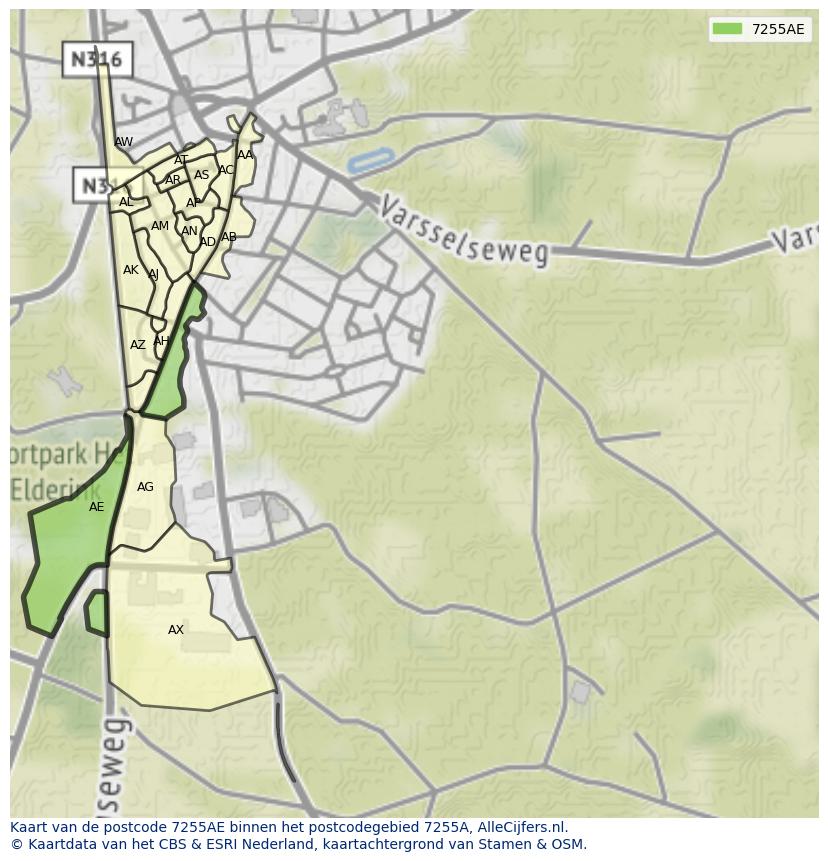 Afbeelding van het postcodegebied 7255 AE op de kaart.