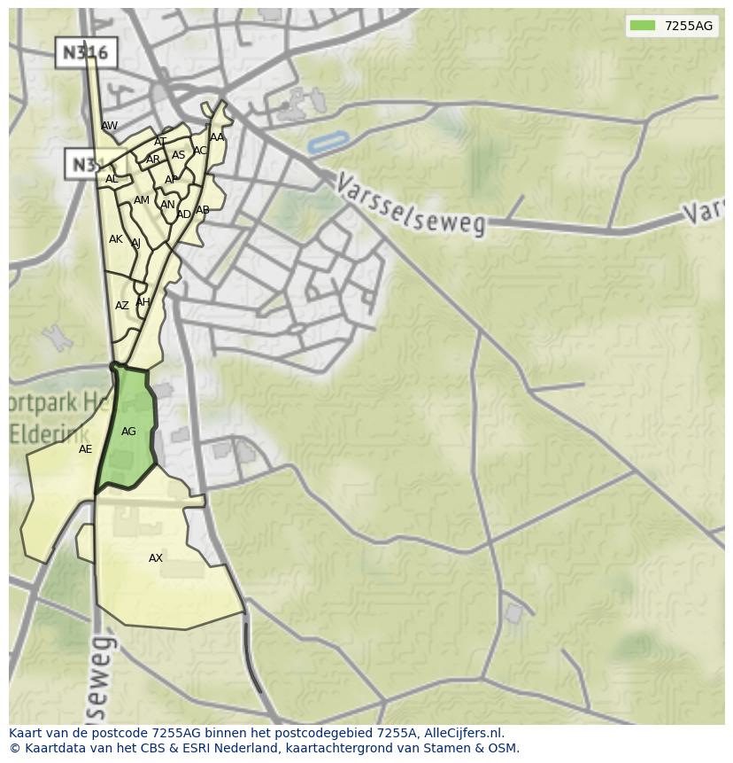 Afbeelding van het postcodegebied 7255 AG op de kaart.