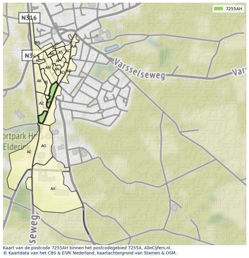 Afbeelding van het postcodegebied 7255 AH op de kaart.