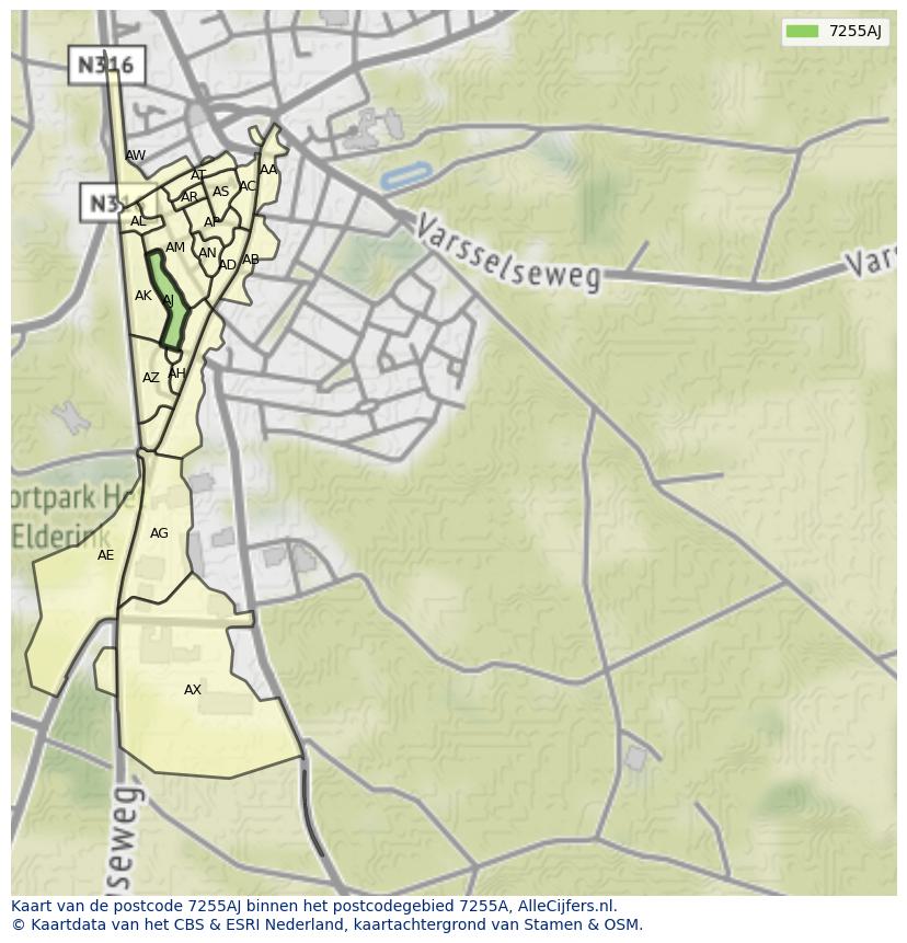 Afbeelding van het postcodegebied 7255 AJ op de kaart.