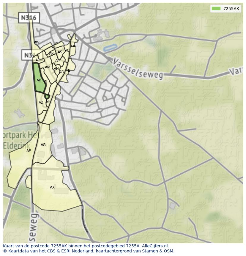Afbeelding van het postcodegebied 7255 AK op de kaart.