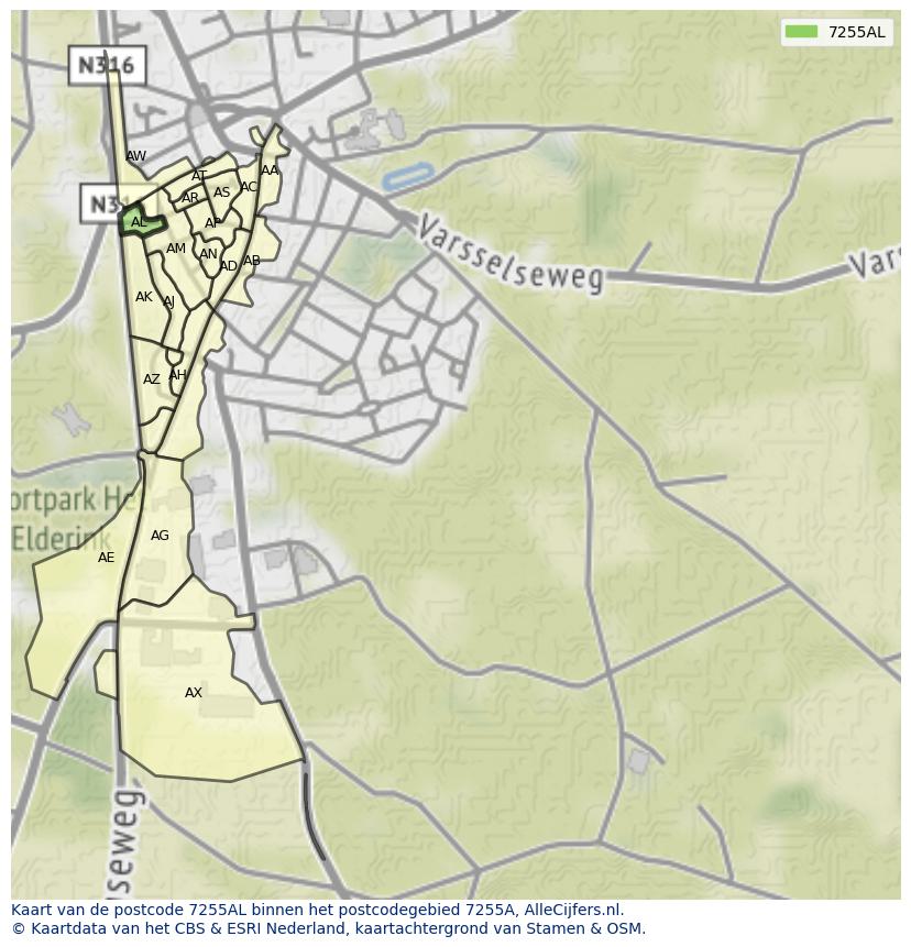 Afbeelding van het postcodegebied 7255 AL op de kaart.