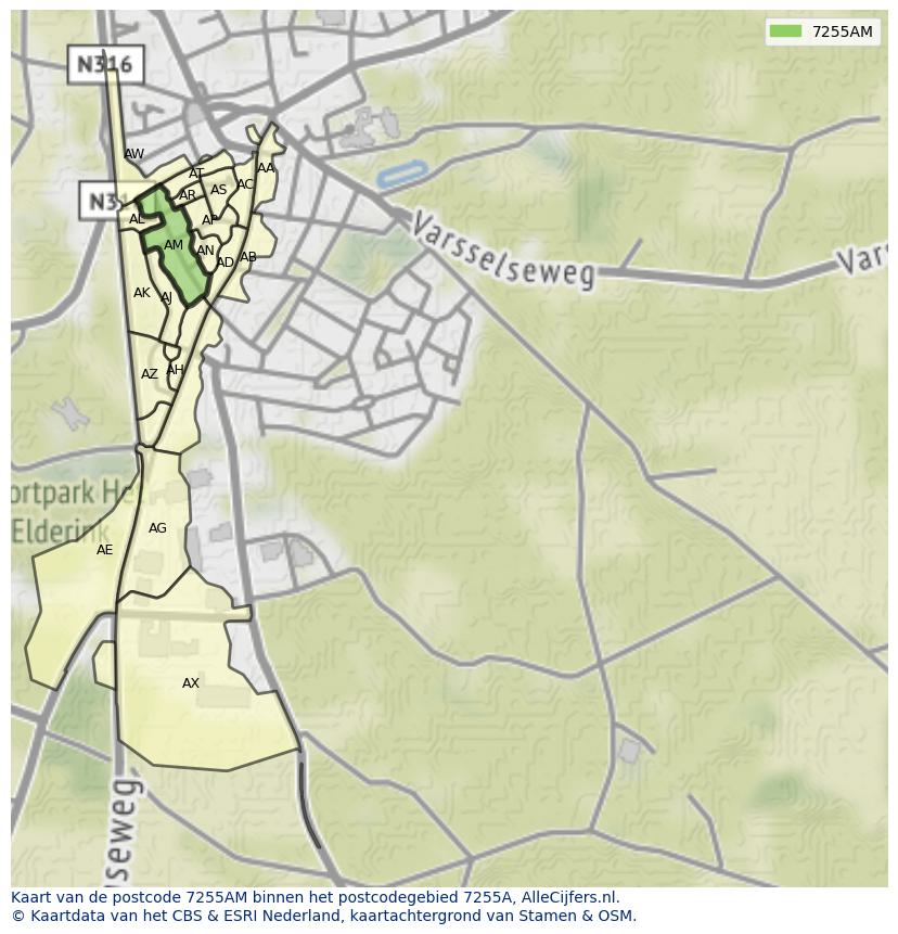 Afbeelding van het postcodegebied 7255 AM op de kaart.