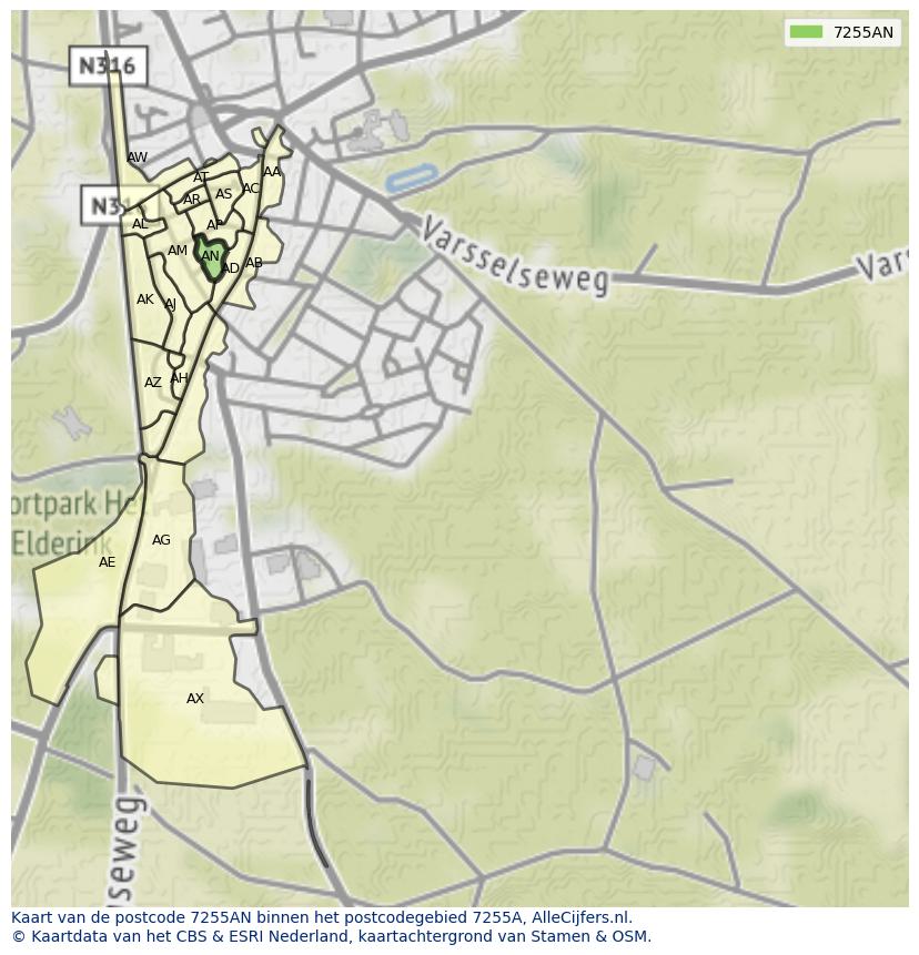 Afbeelding van het postcodegebied 7255 AN op de kaart.