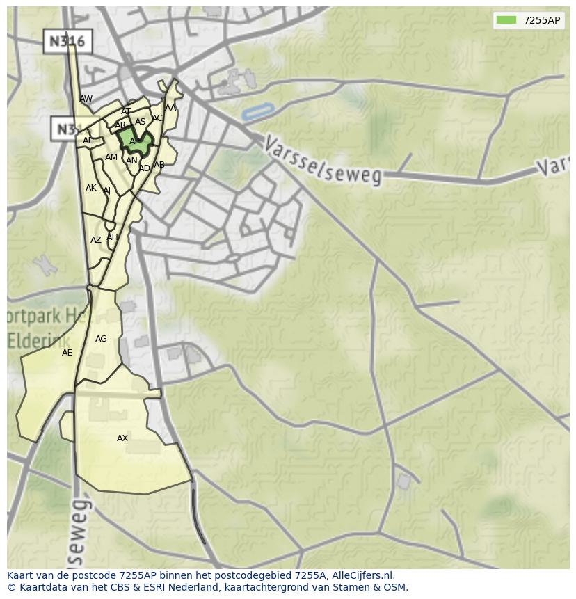 Afbeelding van het postcodegebied 7255 AP op de kaart.