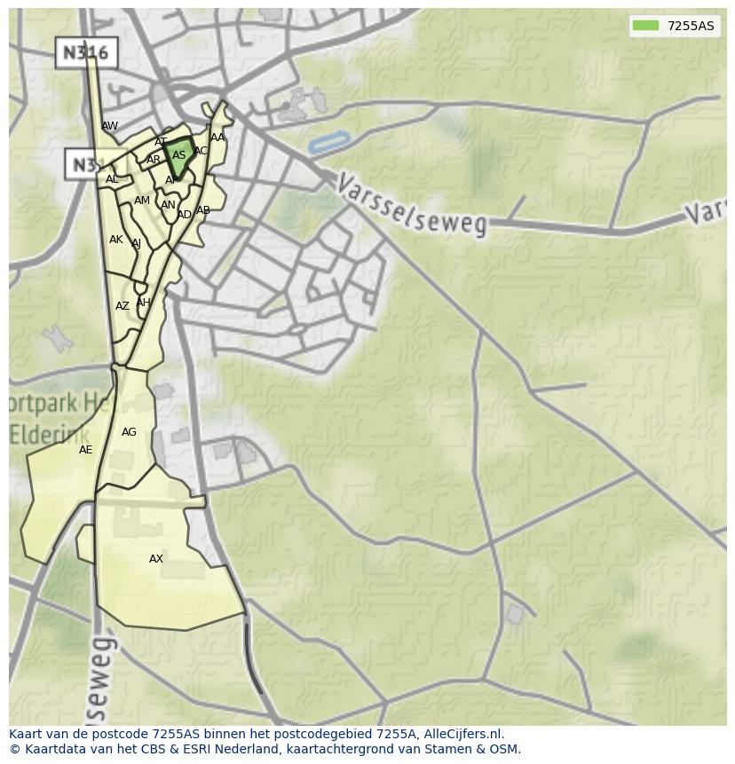 Afbeelding van het postcodegebied 7255 AS op de kaart.